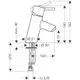 Einhebel-Waschtischmischer von Hansgrohe mit klaren Linien und einer modernen Form, dargestellt in einem technischen Diagramm mit Maßangaben und Anschlüssen.